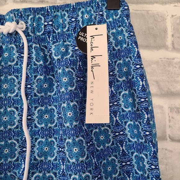Nicole Miller New York Swim Trunks Men SZ S Liner Blue Graphic Print NWT $50 - Picture 4 of 10